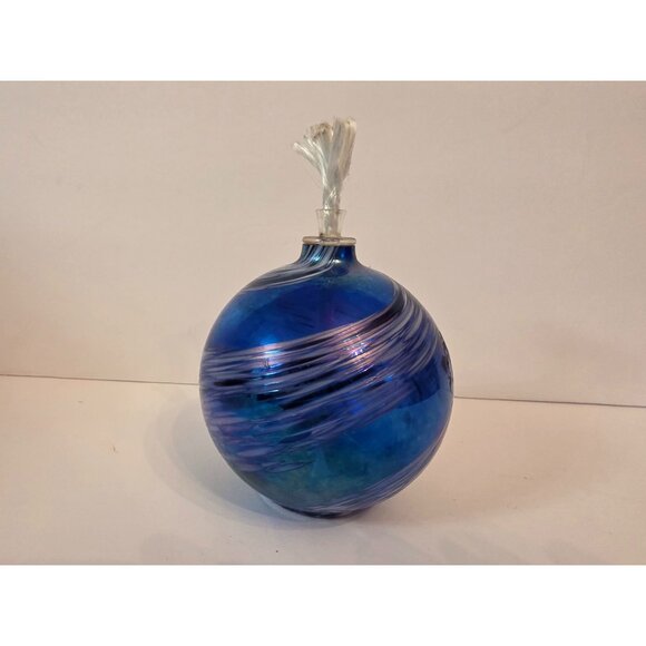 Handblown Glass Oil Lamp With Swirled Iridescent Blue & Purple Design - Picture 5 of 8
